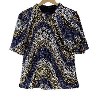 Anthropologie Shimmer Wave Sequin Blouse - Gold, Black, Blue